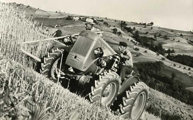Altes Foto von 2 Bauern auf einem Traktor im Feld 